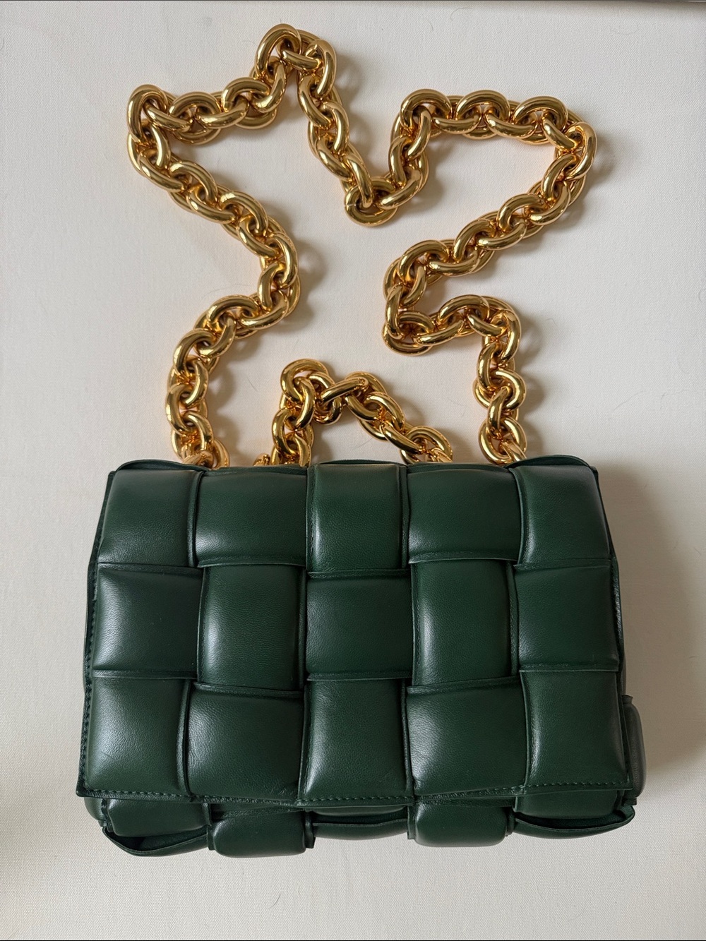 Bottega Veneta Dark Green Intrecciato Crossbody with Gold Chain